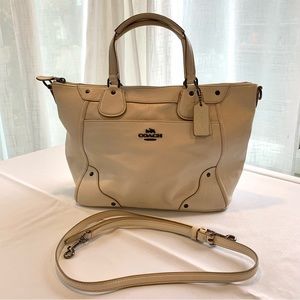 Coach “Mickie” pebbled leather satchel handbag cream/bone, adj shoulder strap
